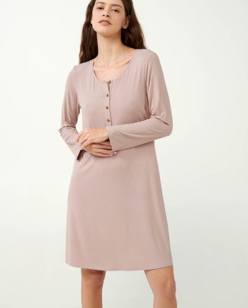 Ribbed Knitted Bamboo Nightgown with Button Placket