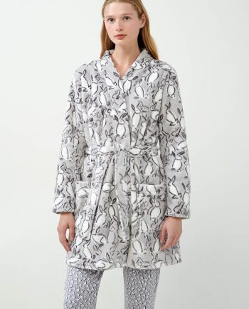 Grey Crossed Robe with Bunny Print