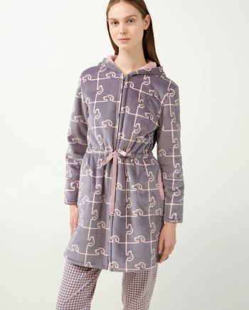 Hooded Robe with Woof Dog Puzzle Print