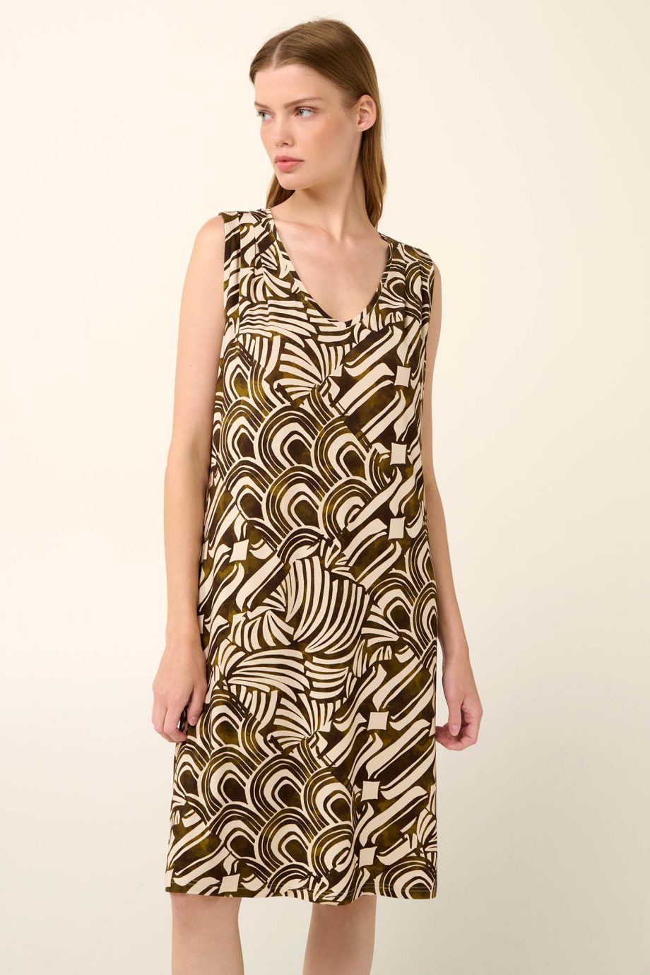 Sleeveless Summer Dress With V Neckline in Moroccan Tile Pattern