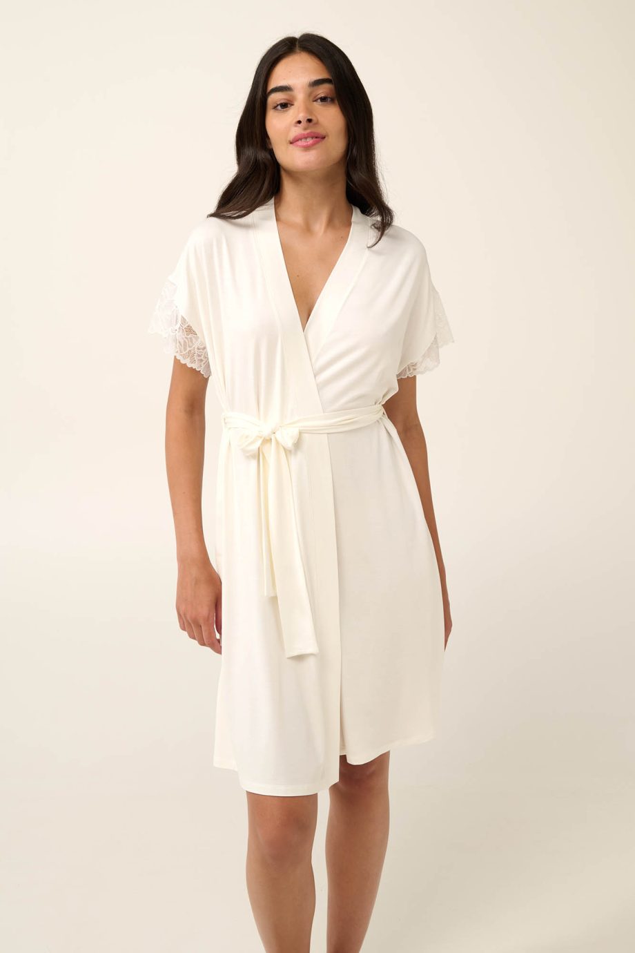 Plain Micromodal Robe with Lace Details