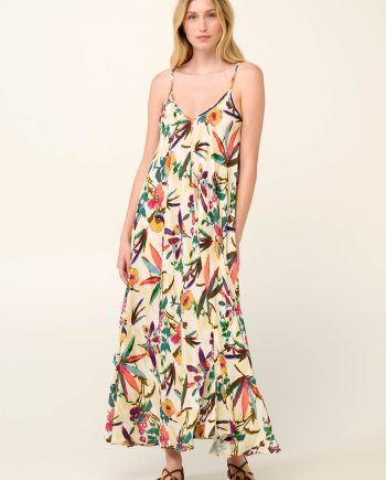 Poplin Maxi Summer Dress in Tropical Ikat Floral