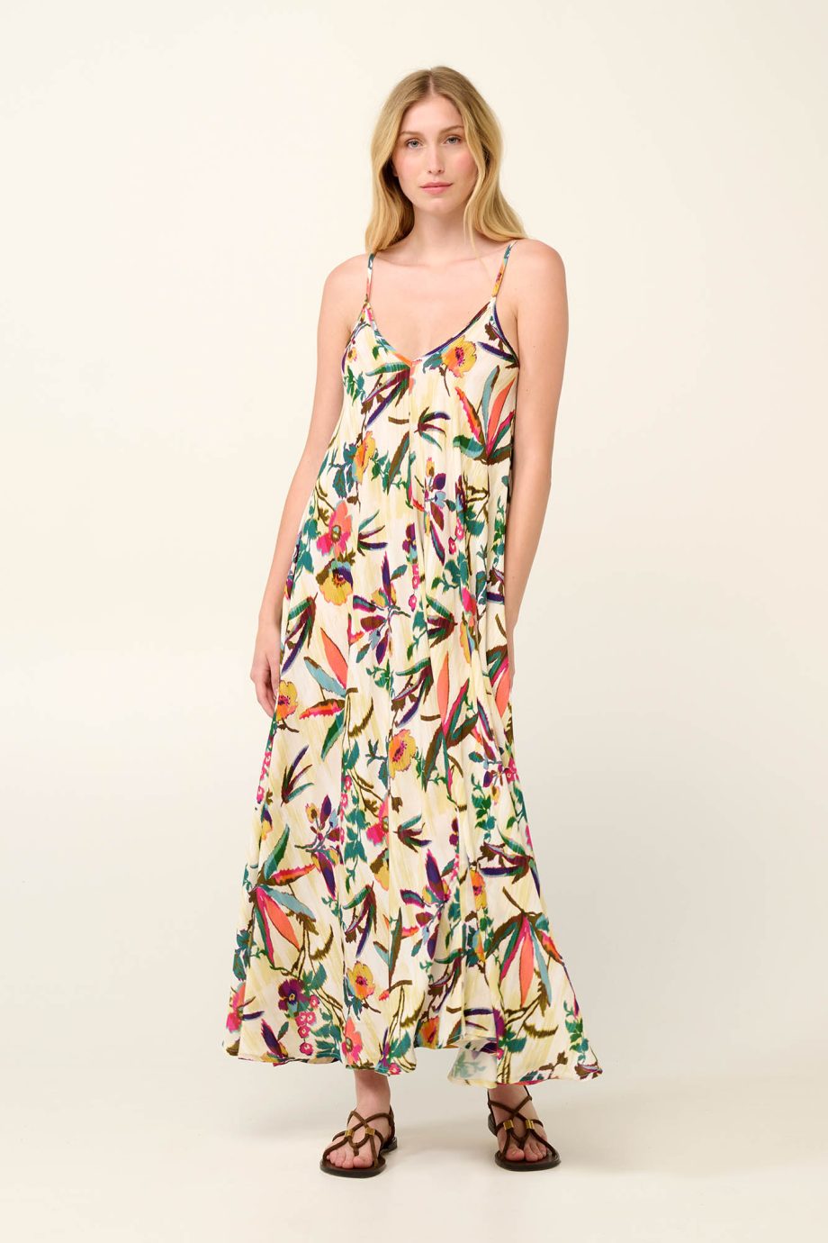 Poplin Maxi Summer Dress in Tropical Ikat Floral