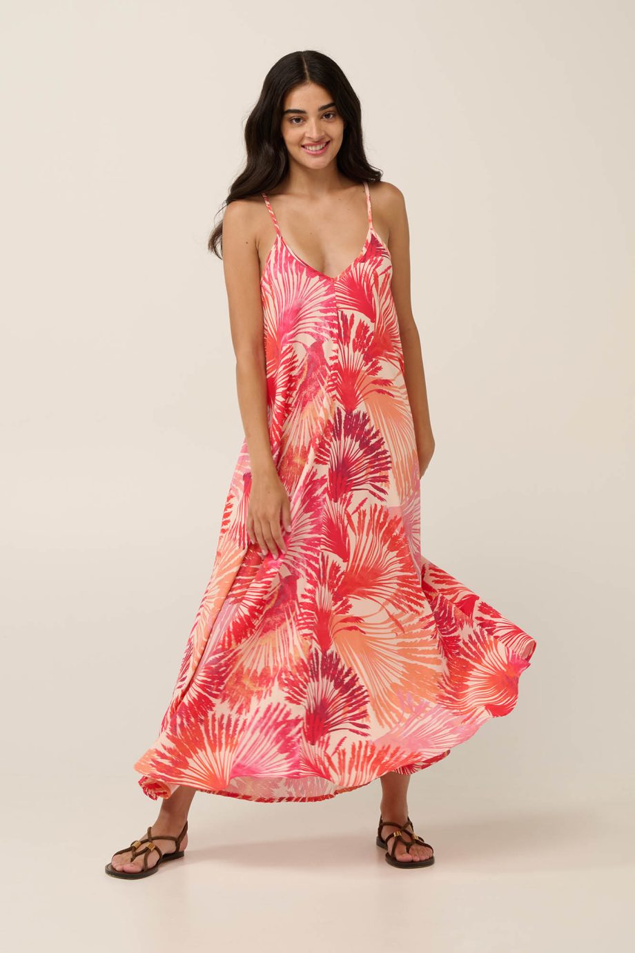 Poplin Maxi Summer Dress with Sunset Palms