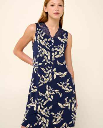 Sleeveless Summer Nightgown with Button Placket in Ocean Leaves Pattern