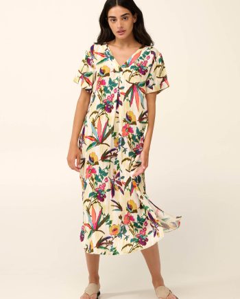 Poplin Summer Dress with Pleat in Tropical Ikat Floral