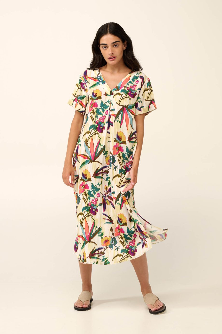 Poplin Summer Dress with Pleat in Tropical Ikat Floral