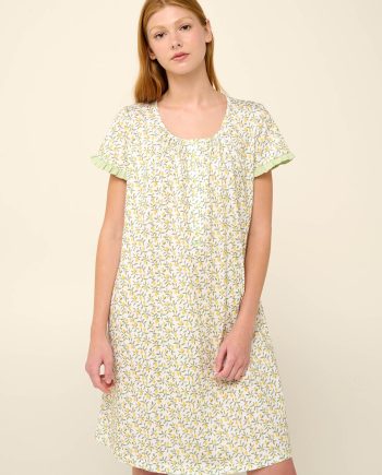 Cotton Summer Nightgown with Button Placket Ruffles