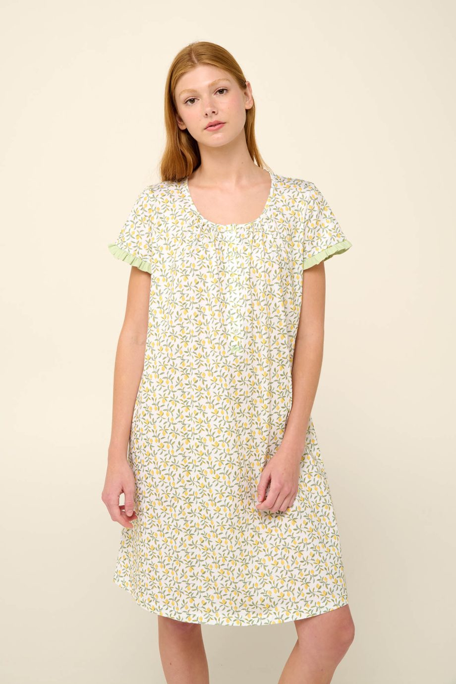 Cotton Summer Nightgown with Button Placket Ruffles