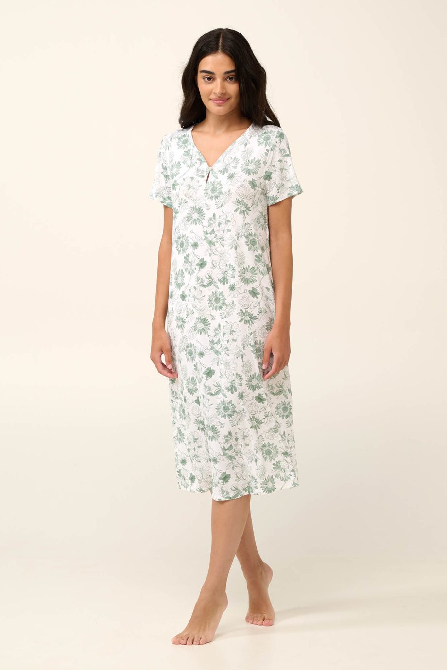 Long Summer Nightgown with Jade Sunflowers Print