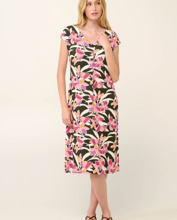 Summer Dress with V Back and Pleat in Watercolor Liliums Print