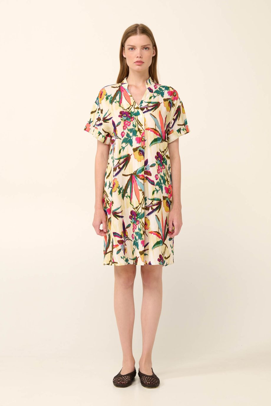 Poplin Summer Dress  in Tropical Ikat Floral