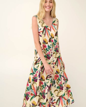 Poplin Long Summer Dress  in Tropical Ikat Floral