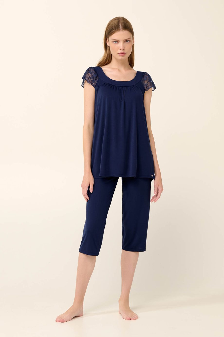 Plain Micromodal Pyjamas with Lace Sleeves