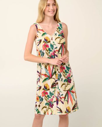 Poplin Sleeveless Summer Dress in Tropical Ikat Floral