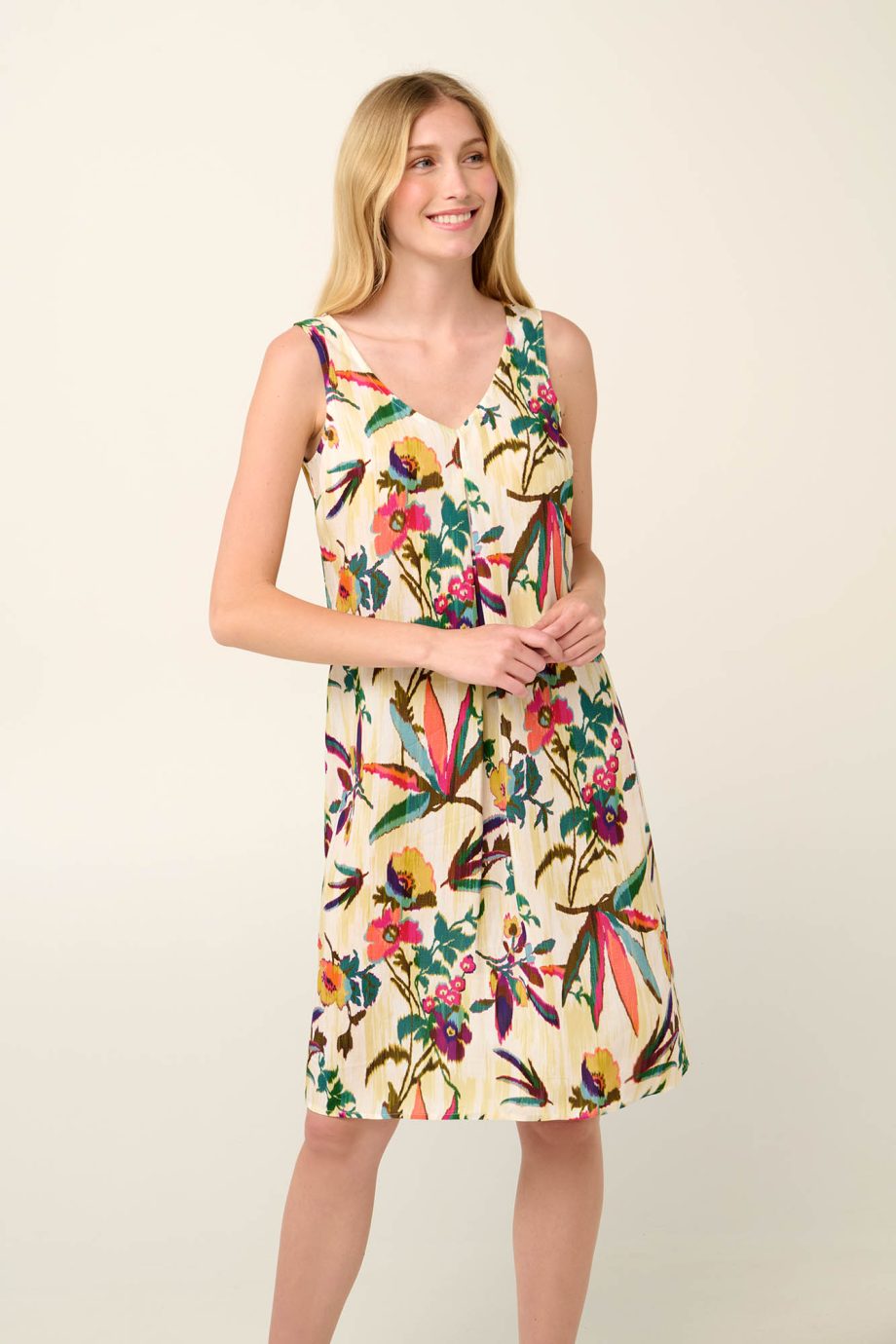 Poplin Sleeveless Summer Dress in Tropical Ikat Floral