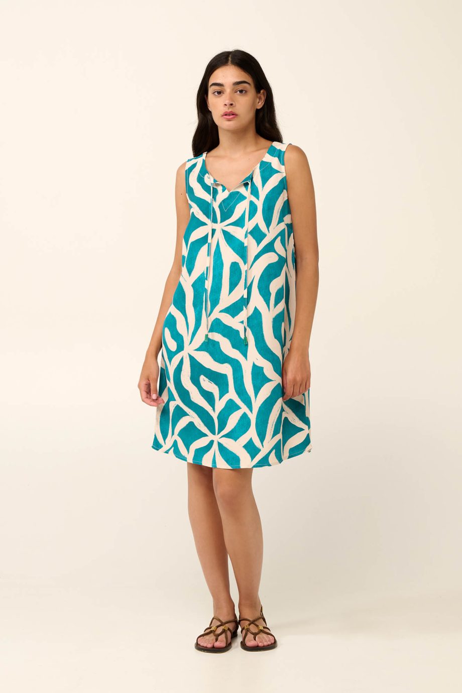 Poplin Summer Dress  in Emerald Leaf Print