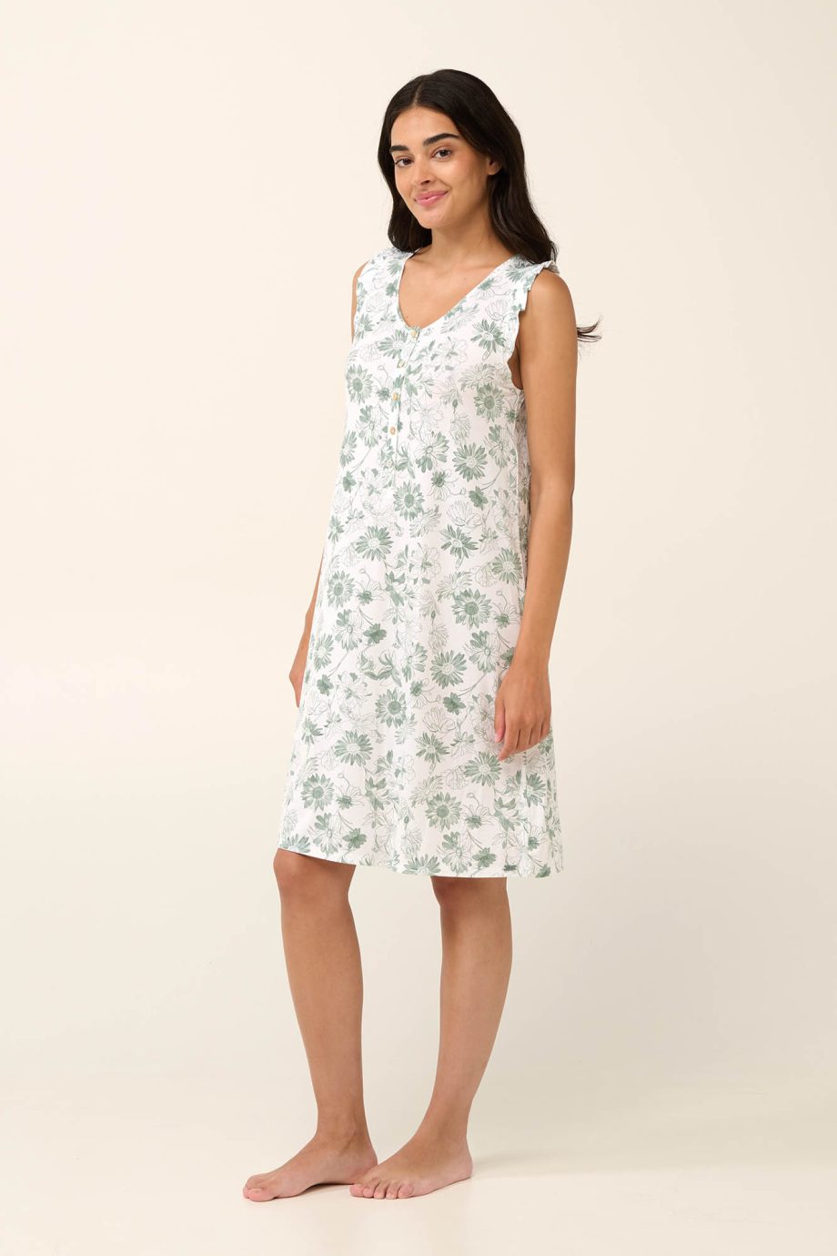 Summer Nightgown with Jade Sunflowers Print