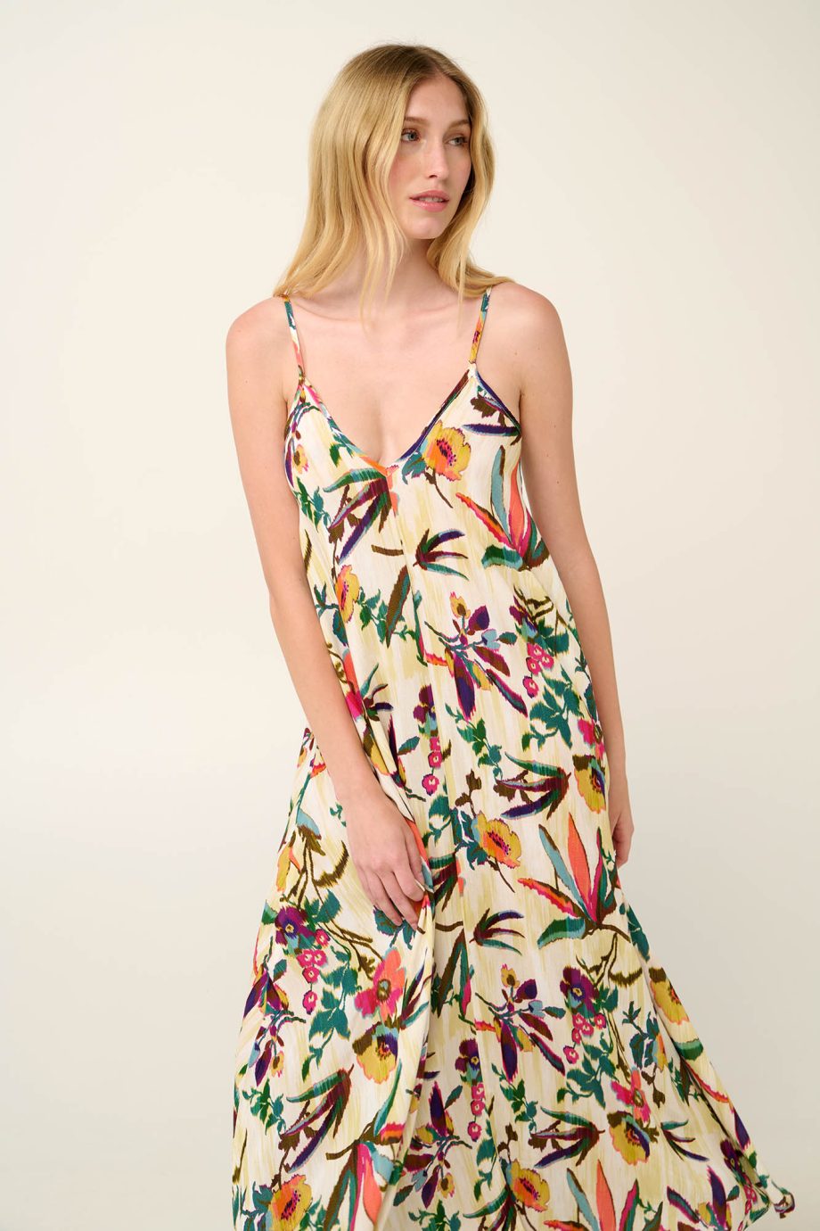 Poplin Maxi Summer Dress in Tropical Ikat Floral