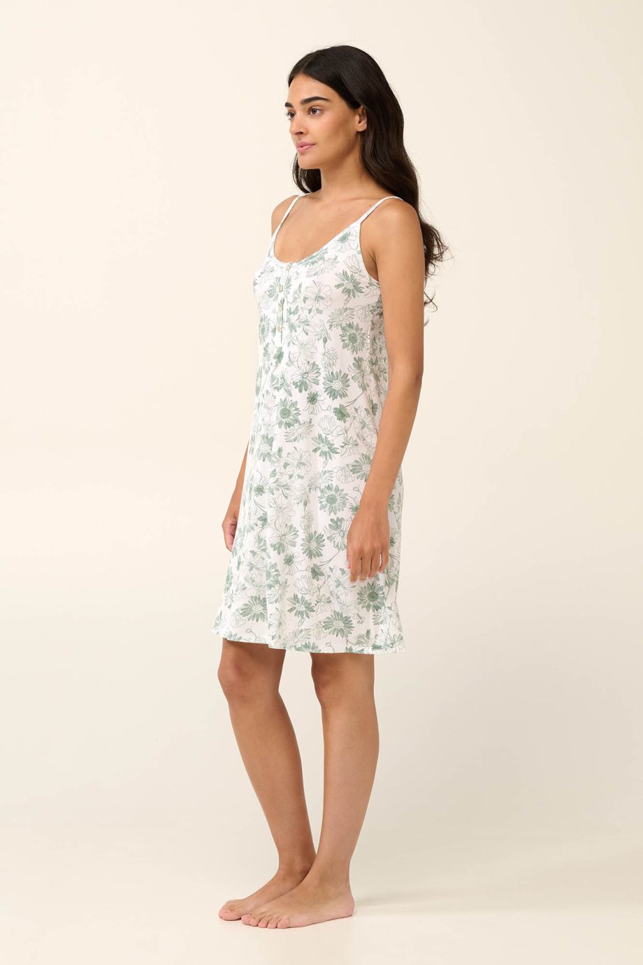 Summer Nightgown with Button Placket and Jade Sunflowers