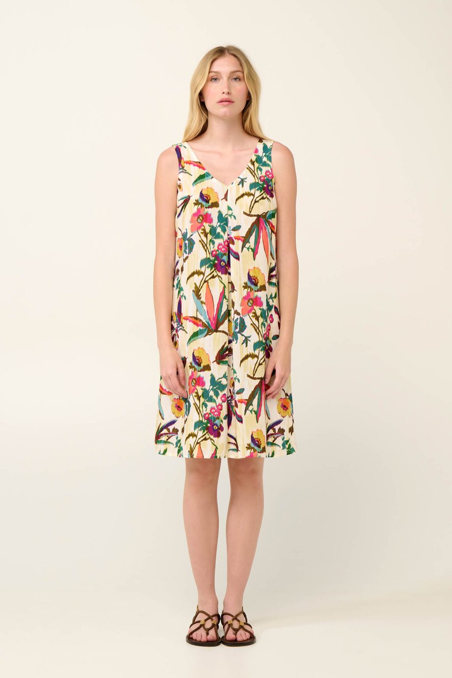 Poplin Sleeveless Summer Dress in Tropical Ikat Floral