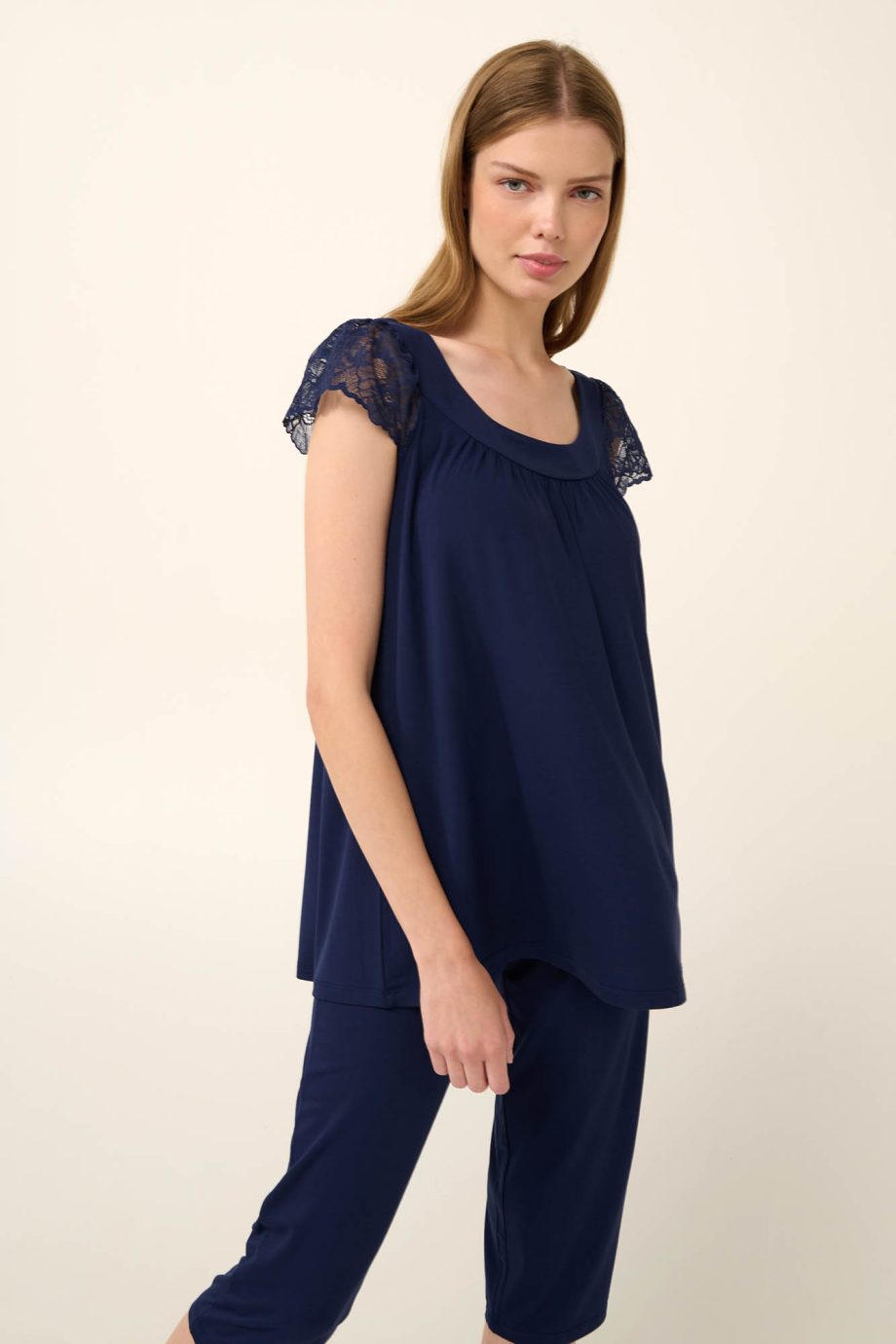 Plain Micromodal Pyjamas with Lace Sleeves