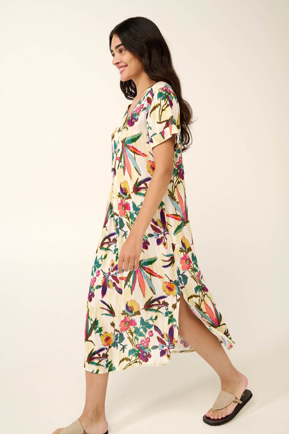 Poplin Summer Dress with Pleat in Tropical Ikat Floral