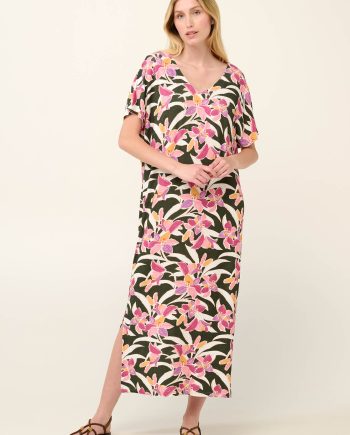 Caftan with V Neckline in Watercolor Liliums Print