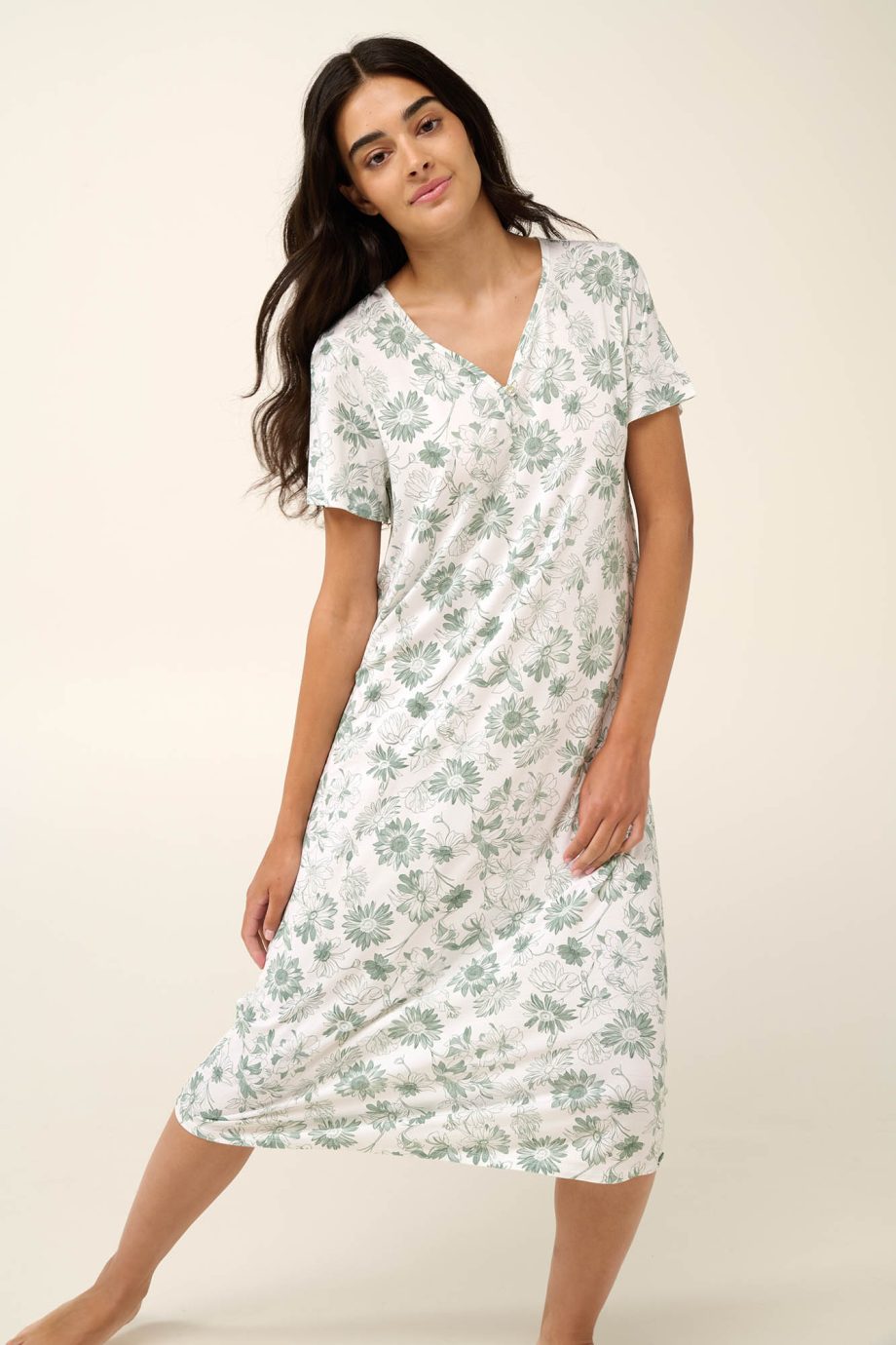 Long Summer Nightgown with Jade Sunflowers Print