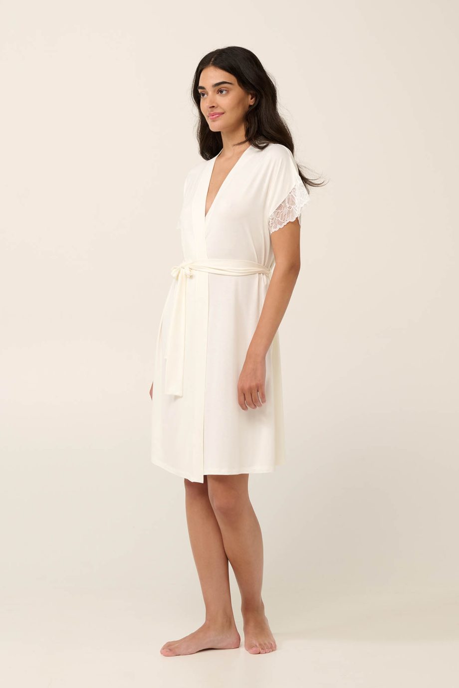 Plain Micromodal Robe with Lace Details