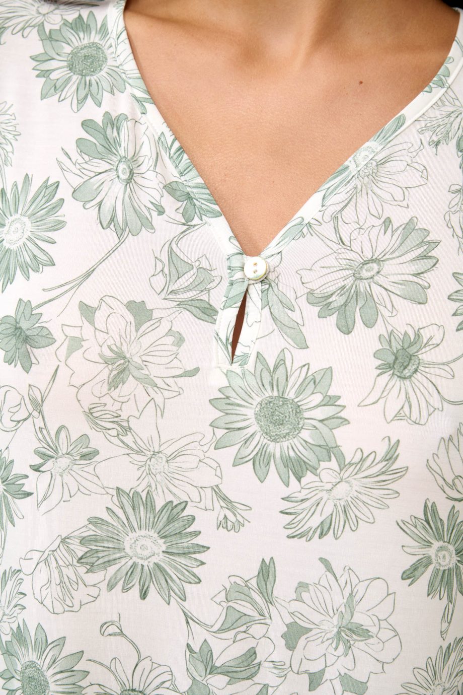 Long Summer Nightgown with Jade Sunflowers Print