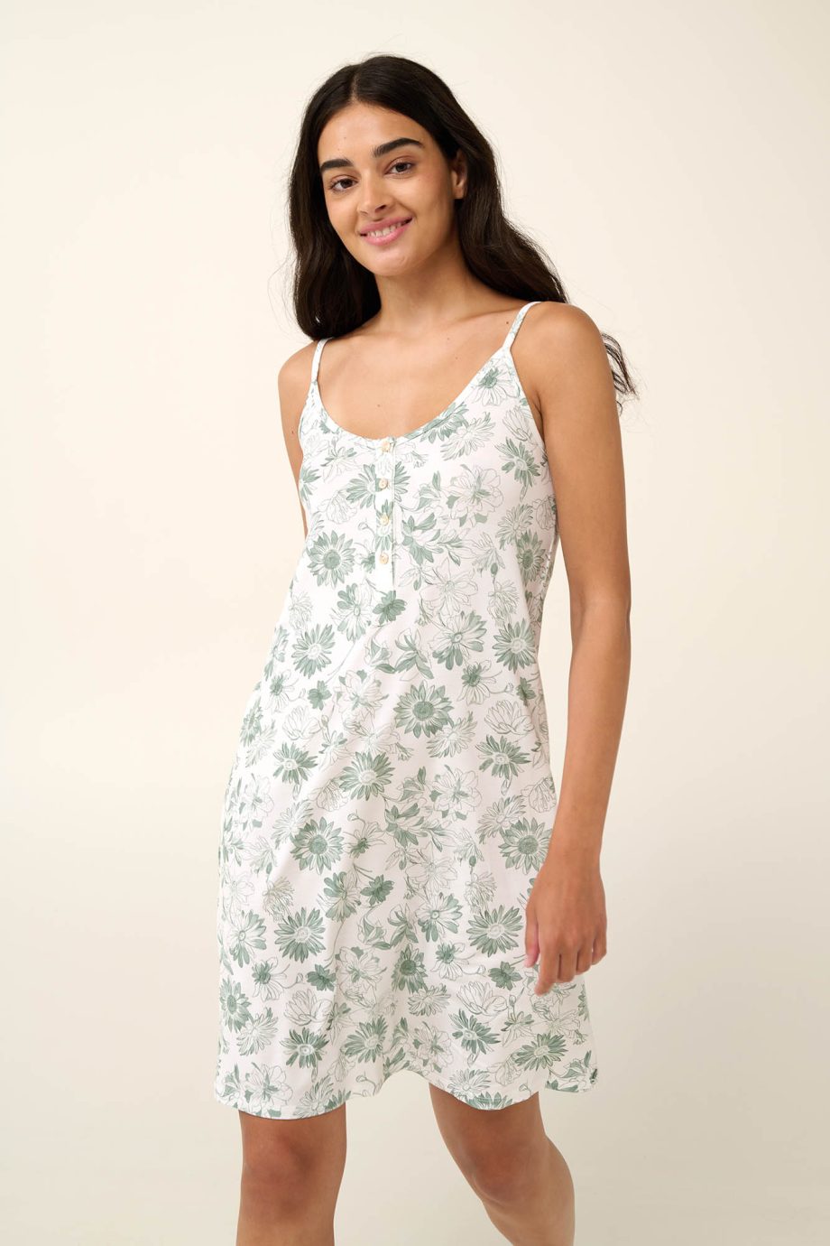 Summer Nightgown with Button Placket and Jade Sunflowers