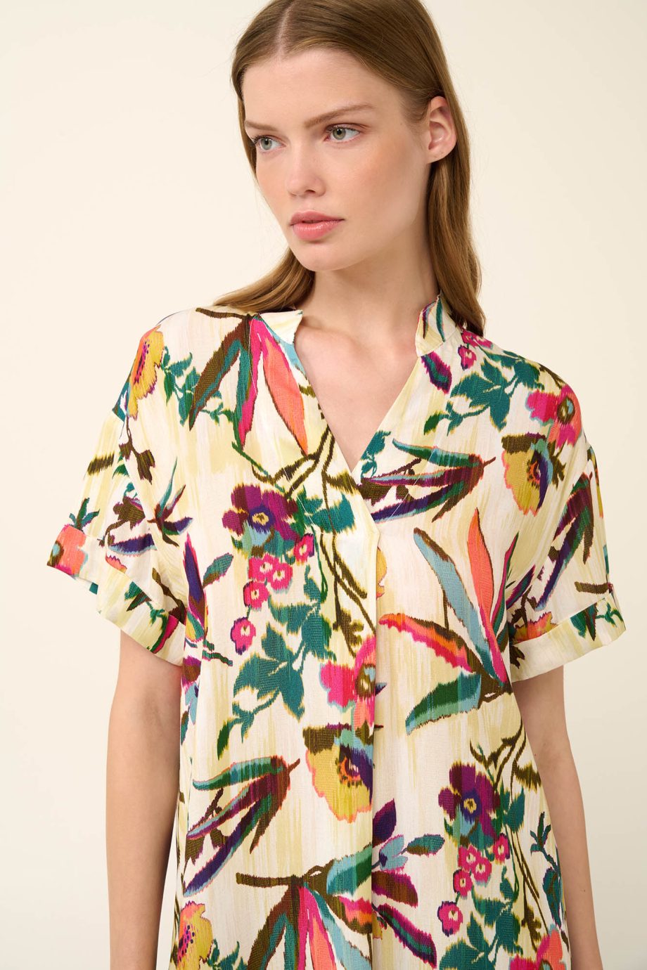 Poplin Summer Dress  in Tropical Ikat Floral