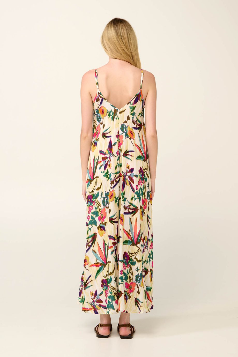 Poplin Maxi Summer Dress in Tropical Ikat Floral