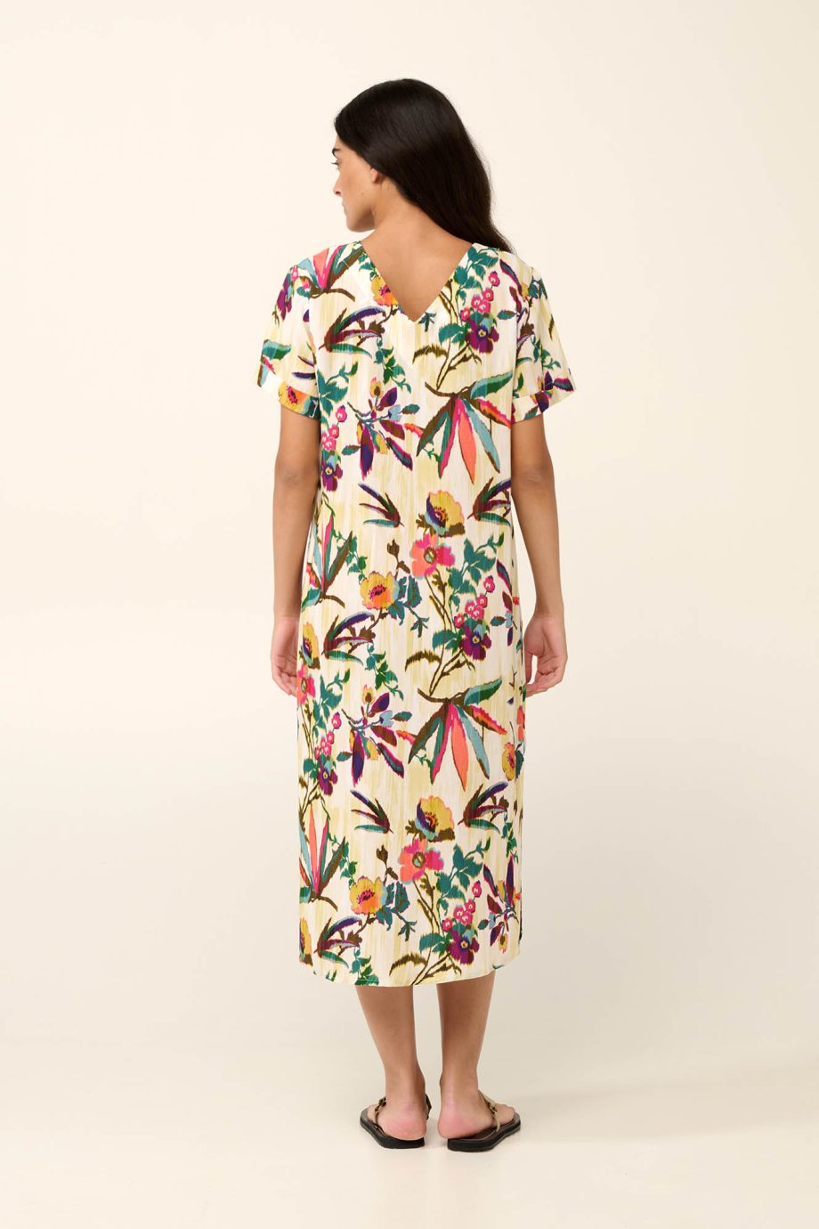 Poplin Summer Dress with Pleat in Tropical Ikat Floral