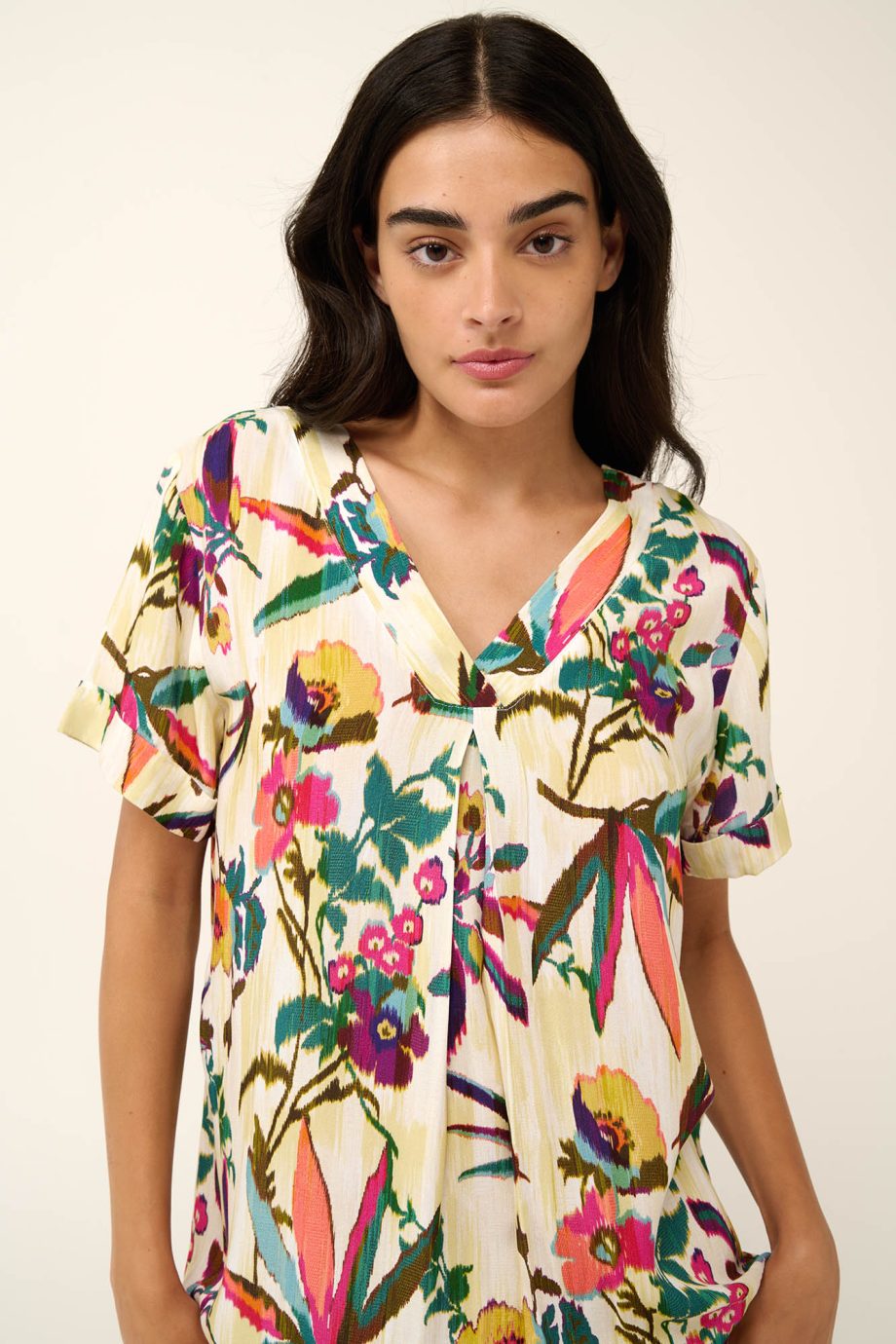 Poplin Summer Dress with Pleat in Tropical Ikat Floral