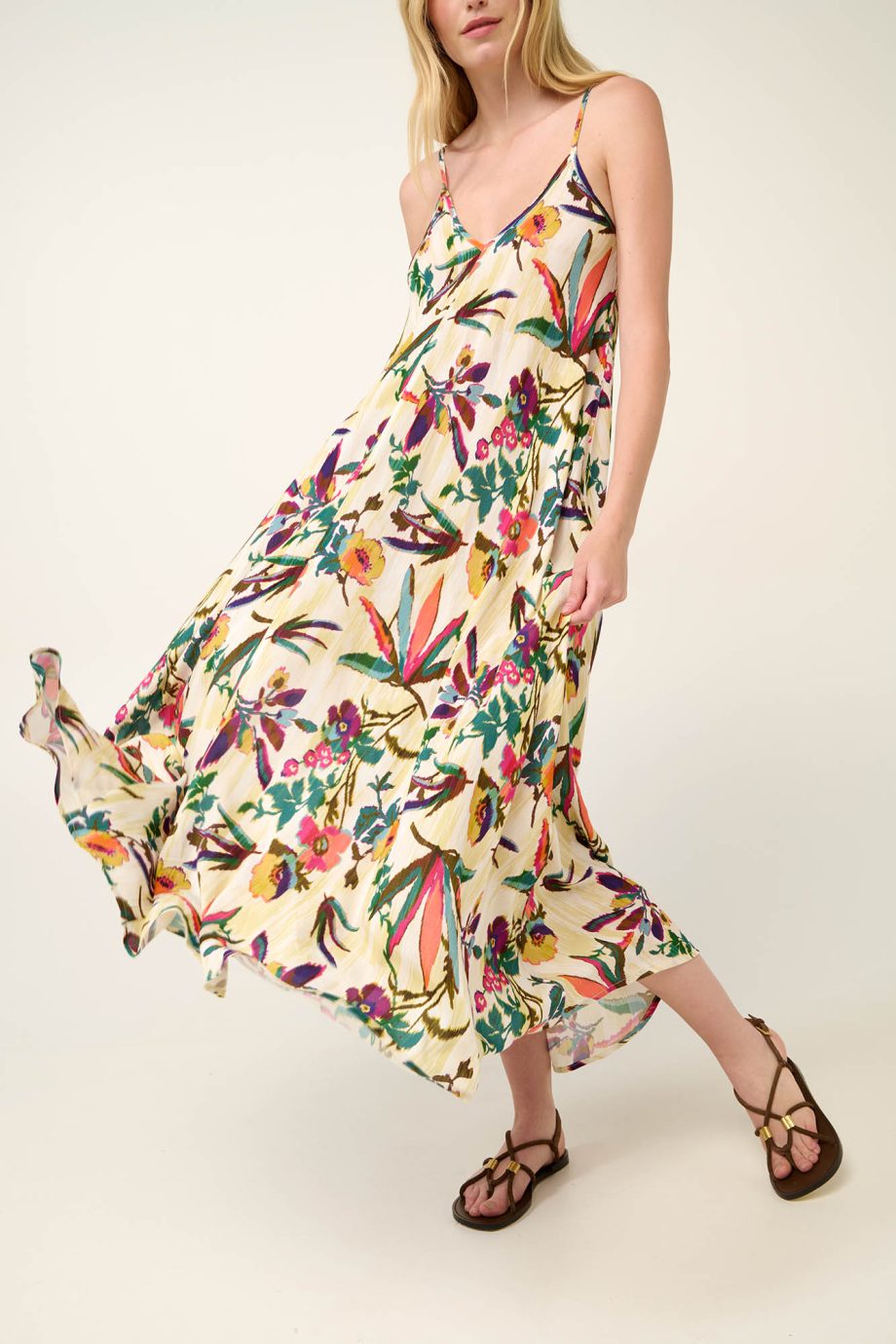 Poplin Maxi Summer Dress in Tropical Ikat Floral